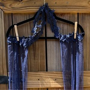 Bolero Long Sleeve Sheer Mesh Metallic Beads Navy Blue Embroidered Flowe…